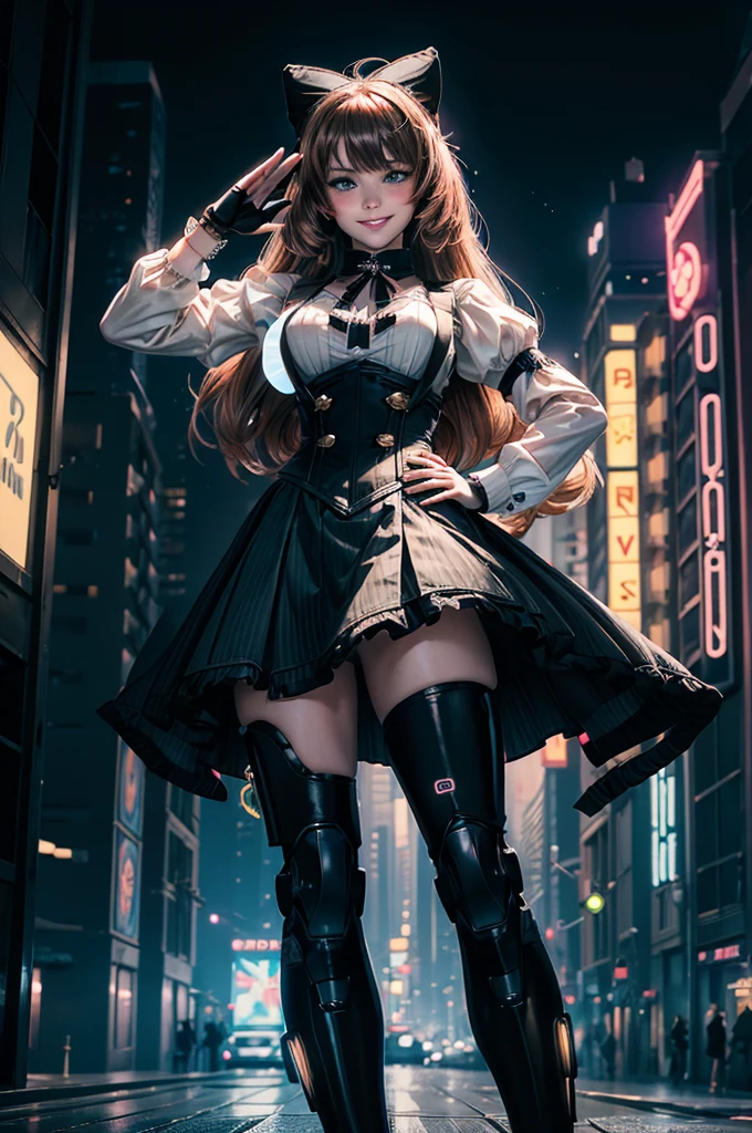 1girl, solo, smile, hand on hip, salute,  underbust, Penny Polendina, long hair, neck ribbon, suspender skirt, corset, black bow, white blouse, mechanical legs, neon trim, standing in busy cyberpunk street, night, stars moon, skyscrapers, futuristic vehicles, neon signs, crowd wearing cyberpunk fashion

