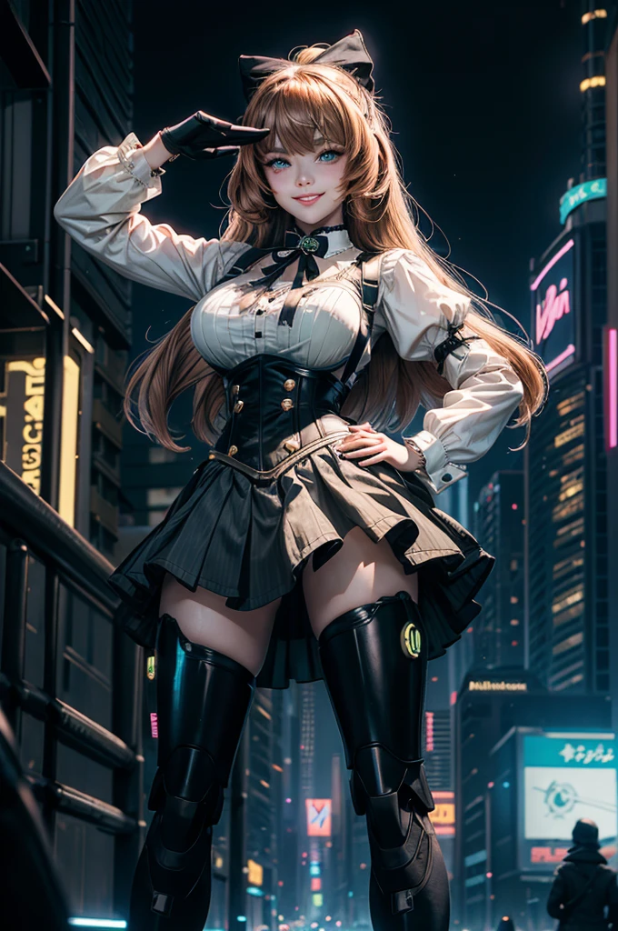 1girl, solo, smile, hand on hip, salute,  underbust, Penny Polendina, long hair, neck ribbon, suspender skirt, corset, black bow, white blouse, mechanical legs, neon trim, standing in busy cyberpunk street, night, stars moon, skyscrapers, futuristic vehicles, neon signs, crowd wearing cyberpunk fashion

