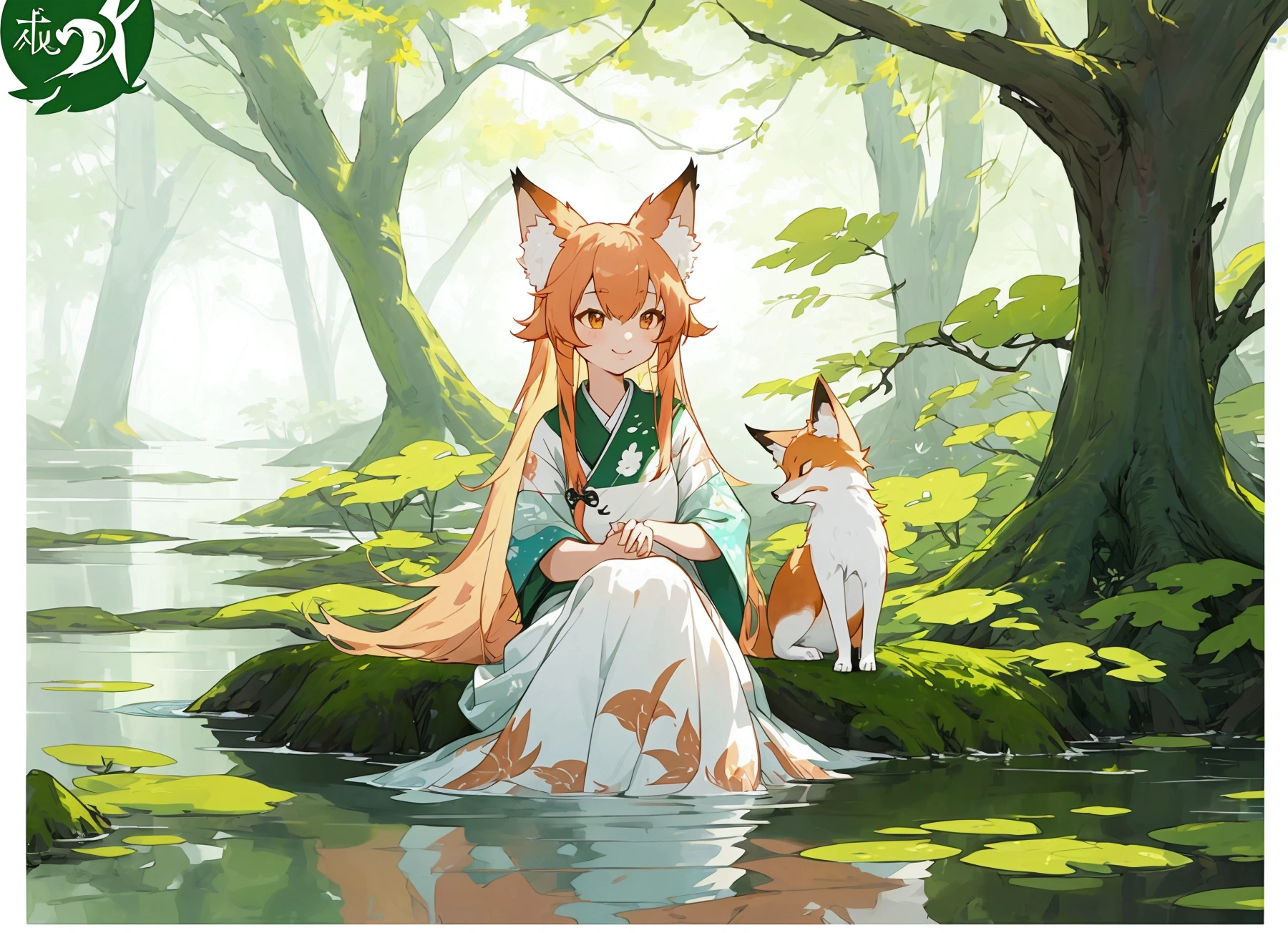 anime fox in the water with leaves on the ground, cute fox, cute detailed digital art, cute artwork, trending on artstation pixiv, pixiv contest winner, relaxing concept art, ethereal fox, cute digital art, cute forest creature, adorable digital painting, pixiv, cute detailed artwork, by Yang J, by Ryan Yee, serene smile, relaxing environment