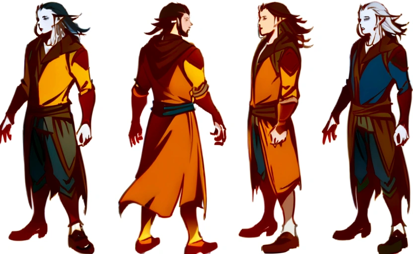 ((concept)), ((concept art)) (best qualityer)), ((work of art)), ((RPG)), 1 adult male, hybrid, ((half elf and half draconic)), ((white skin and semi-scaly skin)), medium silver hair, ((golden amber eyes and draconic eyes)), scales on necks, adventurer outfit, leather cover,longCap, striped shirt, blue and copper shirt, blue pants, shoes black, background mountains, background trees