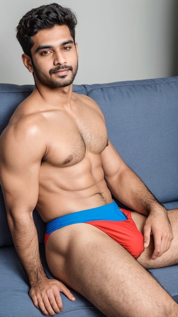 Base model of a handsome indian man wearing a thin speedo underwear, homoerotic, masterpiece, crotch bulge, handsome face, posing for photo shoot, ultra HD, 16k resolution, handsome face, beautiful eyes, messy hair, sitting on a sofa