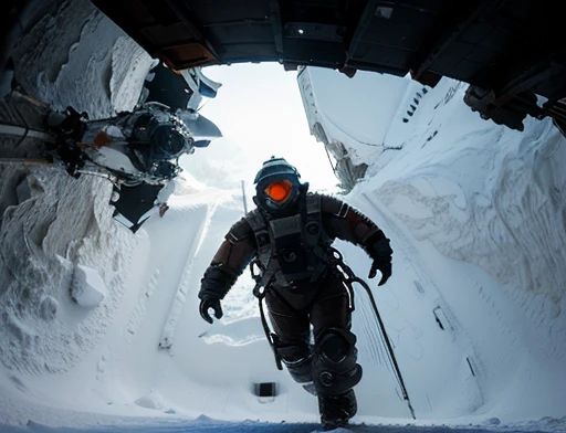 Photography Varied view, dynamic photography, a ship flies over the ground, low angle , floor , Daytime lighting in the frozen environment, Ground with snow, astronaut piloting the ship using an ice-cold spacesuit and observing something impressed at an alien structure , full body photography full body image. Environment overview. He is accompanied by a ground exploration robot.
