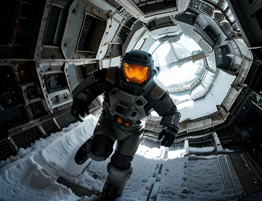 Photography Varied view, dynamic photography, a ship flies over the ground, low angle , floor , Daytime lighting in the frozen environment, Ground with snow, astronaut piloting the ship using an ice-cold spacesuit and observing something impressed at an alien structure , full body photography full body image. Environment overview. He is accompanied by a ground exploration robot.