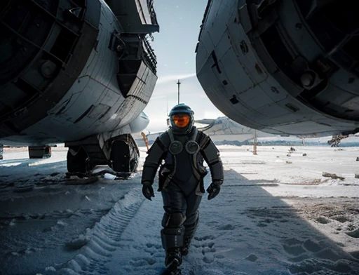  Photography Varied view, dynamic photography, a ship flies over the ground, low angle , floor , Daytime lighting in the frozen environment, Ground with snow,  astronaut piloting the ship using an ice-cold spacesuit and observing something impressed at an alien structure , full body photography full body image. Environment overview. He is accompanied by a ground exploration robot.