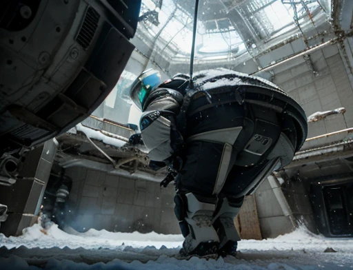  Photography Varied view, dynamic photography, a ship flies over the ground, low angle , floor , Daytime lighting in the frozen environment, Ground with snow,  astronaut piloting the ship using an ice-cold spacesuit and observing something impressed at an alien structure , full body photography full body image. Environment overview. He is accompanied by a ground exploration robot.