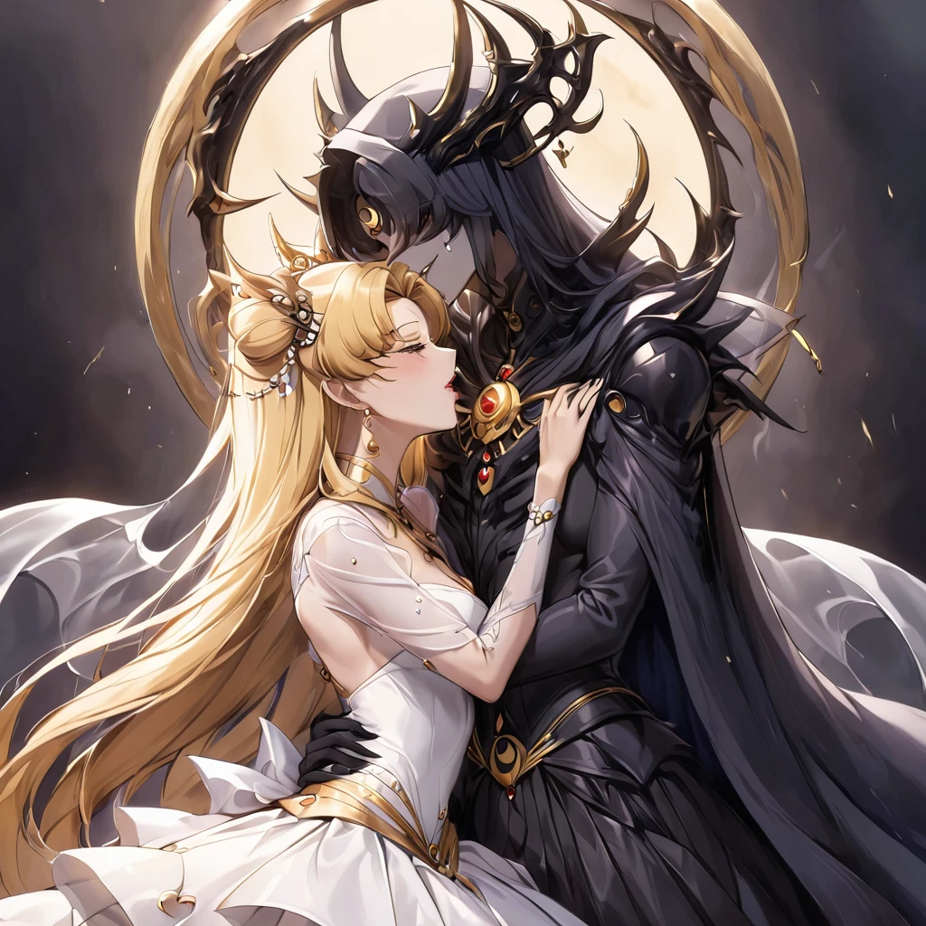 ((Highest quality)), ((masterpiece)), (detailed), (Perfect Face)、The woman is a dark queen with a black inverted crescent moon mark on her forehead, wearing a gorgeous, glittering black Gothic Victorian dress, a black veil, and a black see-through cape, as well as luxurious jeweled accessories.、The man is a majestic, evil and powerful demon king.、The Demon King of the Black Moon and the Dark Queen of the Black Moon in love、The woman is Black Serenity, the noble dark queen of the Black Moon clan and has blonde hair.2The woman with long hair tied up is Princess Serenity、The woman embraces the strong and evil demon king, kisses him, and gets married in the Black Moon Temple.、The woman is a dark queen with a black inverted crescent moon mark on her forehead, wearing a gorgeous, glittering black Gothic Victorian dress, a black veil, and a black see-through cape, as well as luxurious jeweled accessories.で幸せそうな表情の漆黒のプリンセスセレニティで恋する乙女の表情、A woman and a strong, evil demon king man are embracing the dark bride woman, kissing her vows and getting married.、The man is a strong and evil demon king, who embraces the woman, kisses her vows, and holds a wedding ceremony in the Temple of the Black Moon.、Men and women in love
