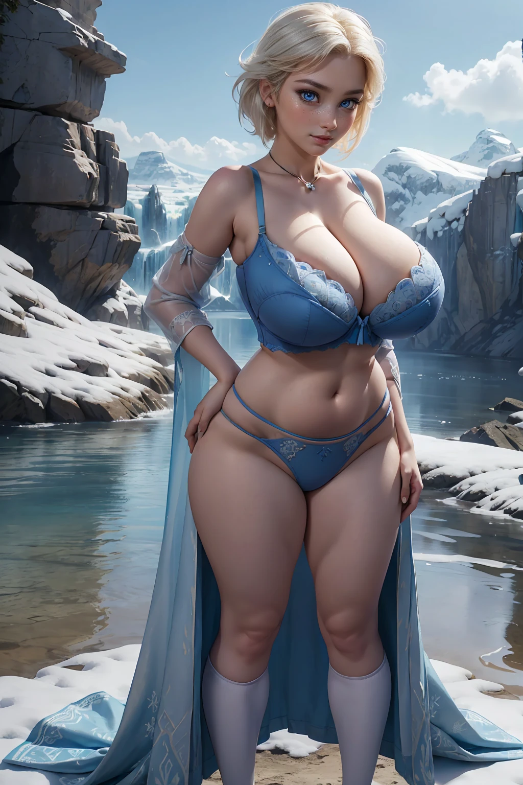 Elsa ,Frozen,blue eyes,white heir,(masterpiece:1.2), (best quality), (ultra detailed), (((full body))) , (8k, 4k, intricate),(cowboy:1.2),(highly detailed:1.2),(detailed face:1.2), (detailed background),(portrait),detailed landscape,(dynamic pose:1.2),hana 1girl, solo, breasts, short hair, holding,cleavage, bare shoulders, collarbone, full body, outdoors, sky, day, cloud, bagblue dress, handbag, (((full body))) , (((sexy pose, model pose, standing pose)))((Huge hips:1.5)) (Gigantic Sagging Breasts:1.5)((undersized bra:1.3) 