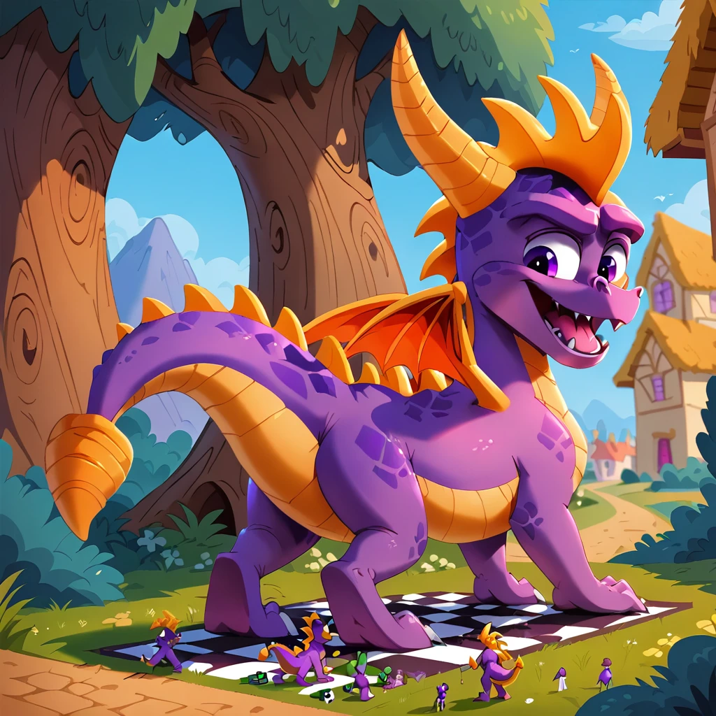 Spyro, macro, open mouth, full body, fang, no humans, standing, purple eyes, checkered floor, back, ((thick tail bottom)), vore