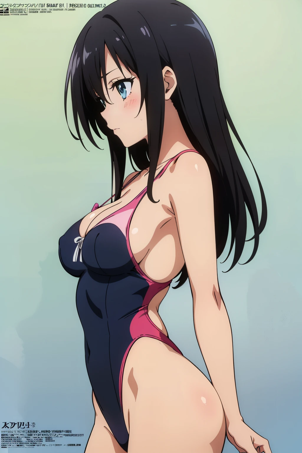 (masutepiece, Best Quality, High resolution, anime colours, megami magazine:1.2, anime poster style, anime keyvisual, sharp, 8k, photorealistic), from side, (beautiful eyes:1.5, beautiful face), Kotegawa Yui, 1girl, solo, Cute, blush, (Long Black Hair), (sagging large breasts), (white onepiece swimsuit), cleavage, (arm behind back, cowboy shot), (Perfect detailed Anatomy, beautiful detailed hair, perfect detailed body:1.2, shiny skin), (thick outline, Beautiful outlines, black outlines), simple background,