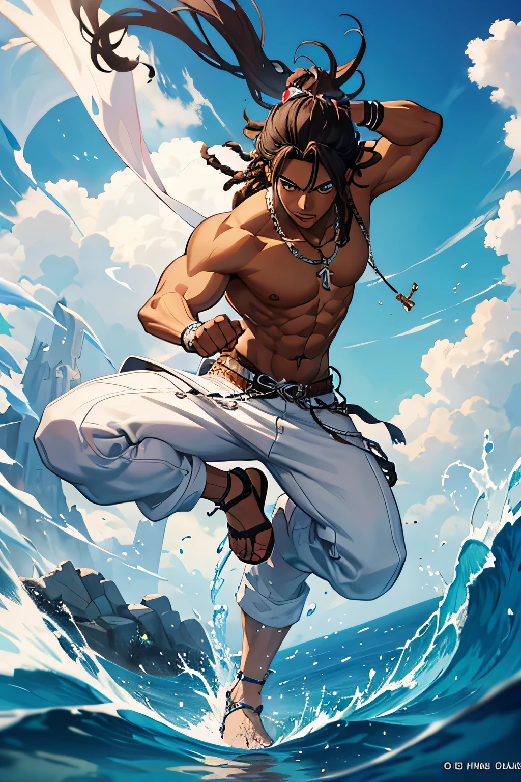 Full body anime dark skinned character with brown dreadlocks, Eyes open, a shirtless torso wearing white pants, in a white background, fighting capoeira, wearing a silver pendant necklace, badass anime 8 k, official art, official character art, as a character in tekken, fighting stance, new character, handsome guy in bleach art, official artwork, game cg, high detailed, key anime art, 8k!