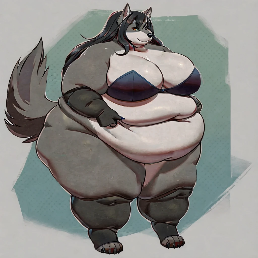 Wolf, female, long hair, morbidly onese,fat arms, fat legs, belly rolls