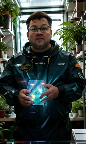 Photography Varied view, dynamic photography, He is wearing prescription glasses with clear red lenses,(((He is very chubby and is in the laboratory doing research with plants and vegetables with other Astronauts))), Inside the spacecraft. Walking in the laboratory, full body photo full body photo. He is holding a holographic LED tablet. (((In front of you there is a hologram of an LED plant))).