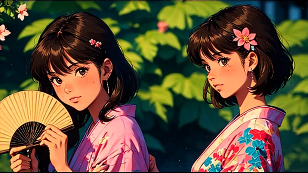 A girl, 80s anime style, retro, lo-fi, outside, kimono, Japanese hair ornaments, cherry blossoms, piercing, fan