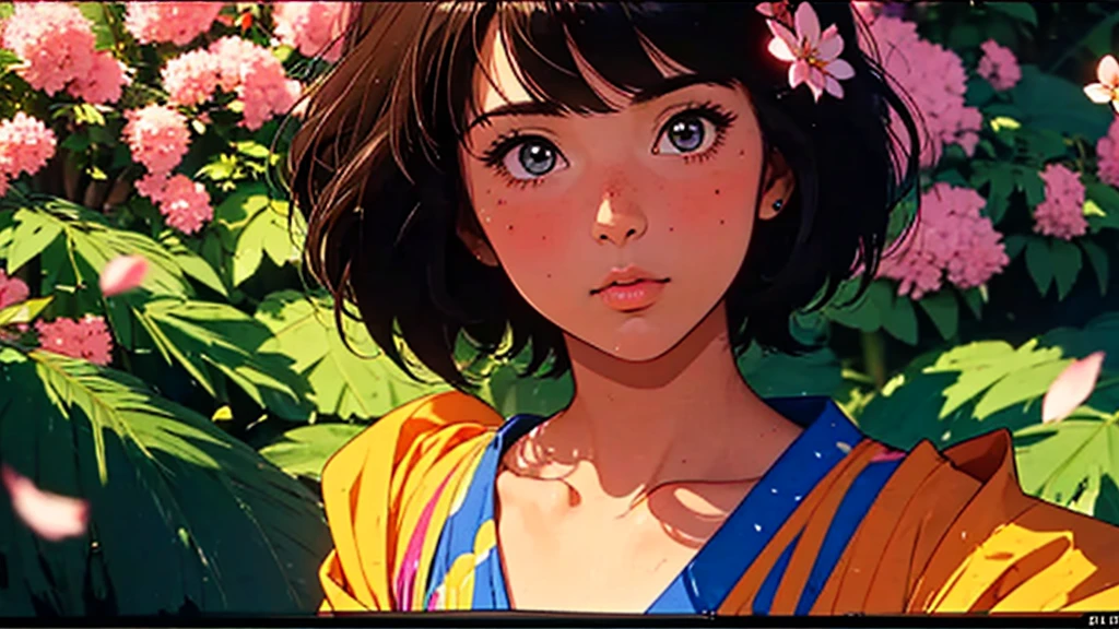 A girl, 80s anime style, retro, lo-fi, outside, kimono, Japanese hair ornaments, cherry blossoms, piercing, fan