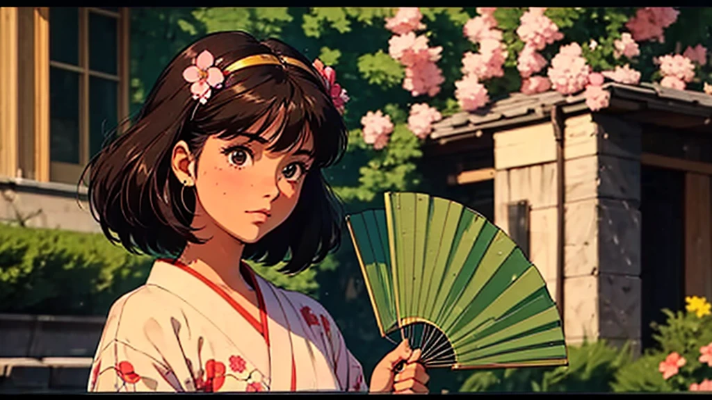 A girl, 80s anime style, retro, lo-fi, outside, kimono, Japanese hair ornaments, cherry blossoms, piercing, fan