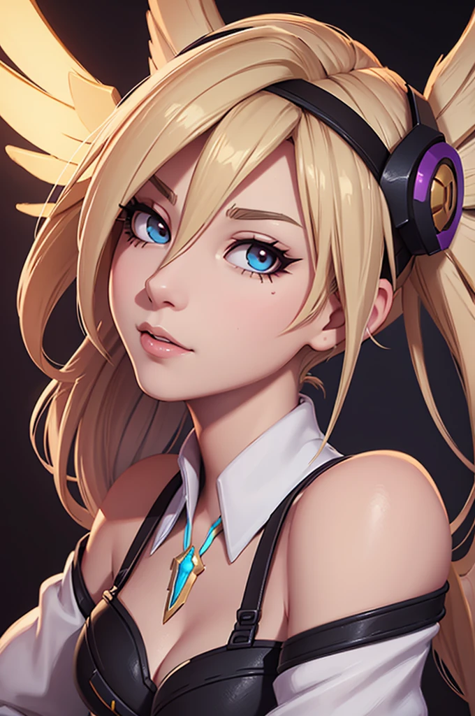 solo, Long Hair, Gaze, Blonde, blue eyes, とてもLong Hair, earphone, Feet out of frame, Large Breasts, Earrings,