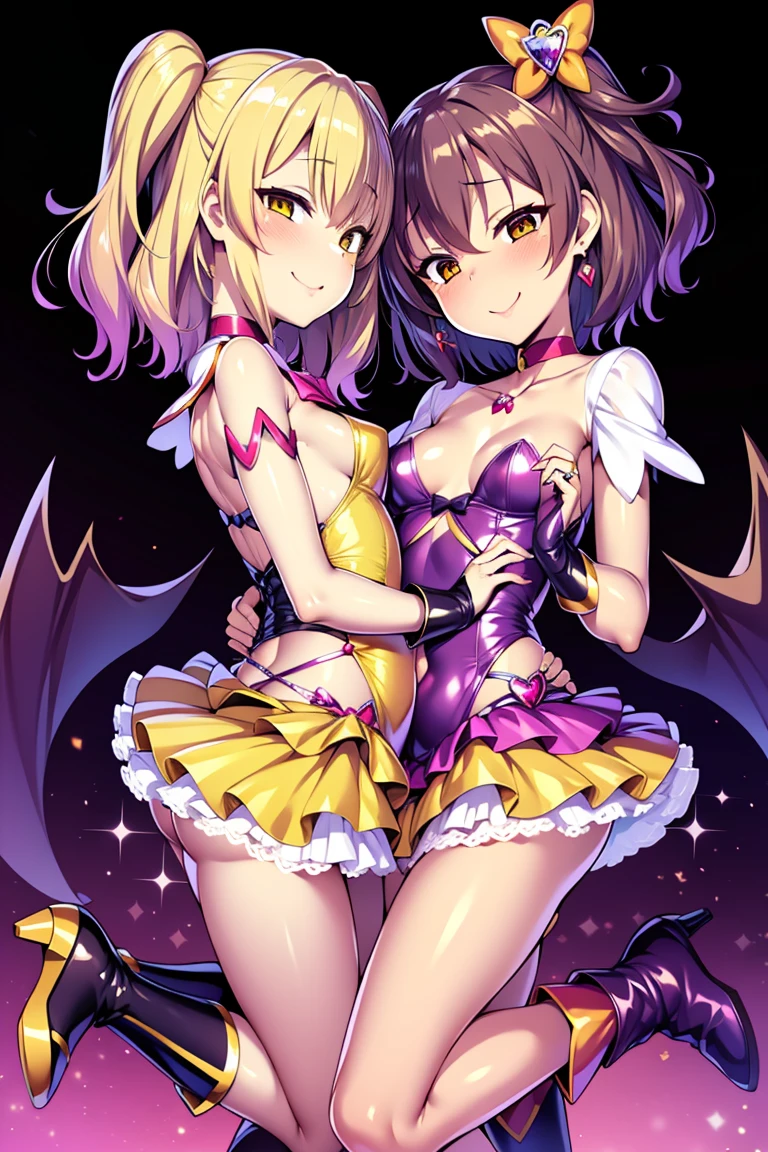 Cure Pine, Pretty Cure, (One side up), short hair, Hair Ribbon, Frills, Short sleeve, Wrist cuff, Orange Choker, Orange boots, Yellow Skirt,, corruption, Hollow Eyes, Half-closed eyes, Wicked Smile, No students, Crazy Smile, Open your mouth, One girl, Mature Woman, Married women, (Dark Magical Girl), Dark Theme, Dark person