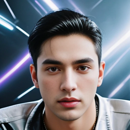 Man Aarav wears a black leather jacket and poses for a photo., Portrait of Jughead Jones, male actor, handsome man,short black hair asian man, beautiful haraam man,stereoscopic 8k,45 high quality colored lights,000,000,000 pixels, photo, post-trade photo, animation, Beautiful, realistic portraits.