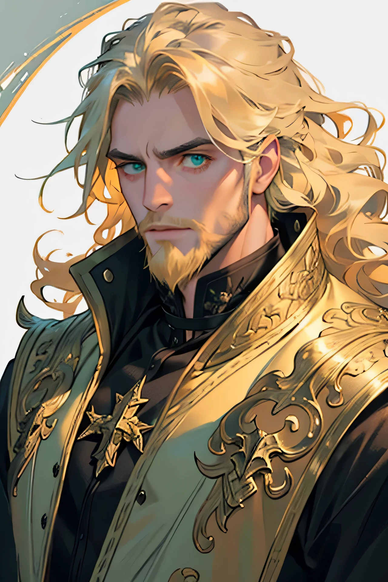 "masterpiece, noise suppression, one man, Best quality, sharp image, permission 8k, male focus, sharp image, stunning composition, volumetric lighting, super quality, Very detailed, fantasy. man fantasy король, curly blonde golden locks, neat light beard, expressive green eyes. King man. man."