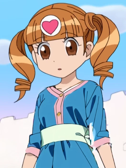a close up of a cartoon girl with a heart on her head, anime girl named Uta, Orange cardigan, andPink dress,