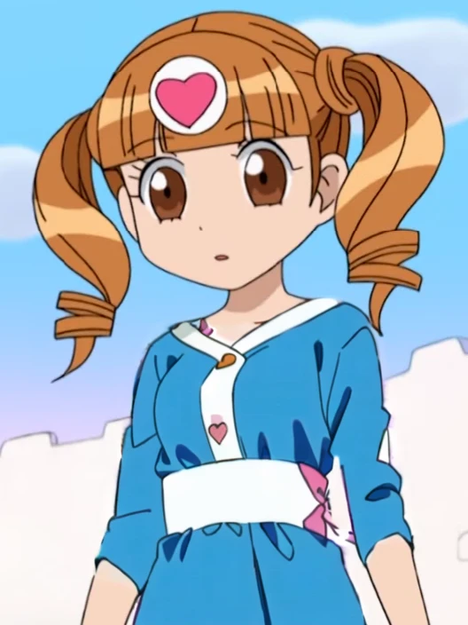 a close up of a cartoon girl with a heart on her head, anime girl named Uta, Orange cardigan, andPink dress,