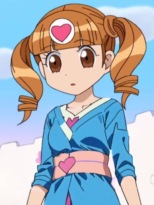 a close up of a cartoon girl with a heart on her head, anime girl named Uta, Orange cardigan, andPink dress,