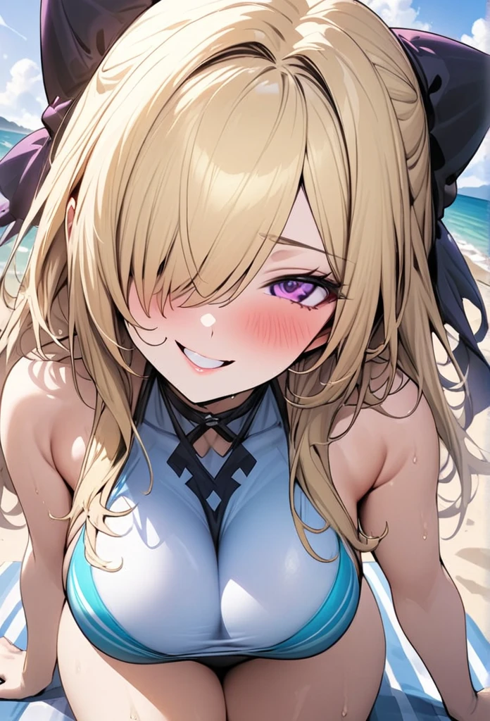 ((Best Quality)), ((Masterpiece)), (detailed), 1 girl, Pastel yellow hair, long hair, hair covers one eye, purple eyes, big breasts, big thighs, expression smiling shy, Swimsuit, in a beach