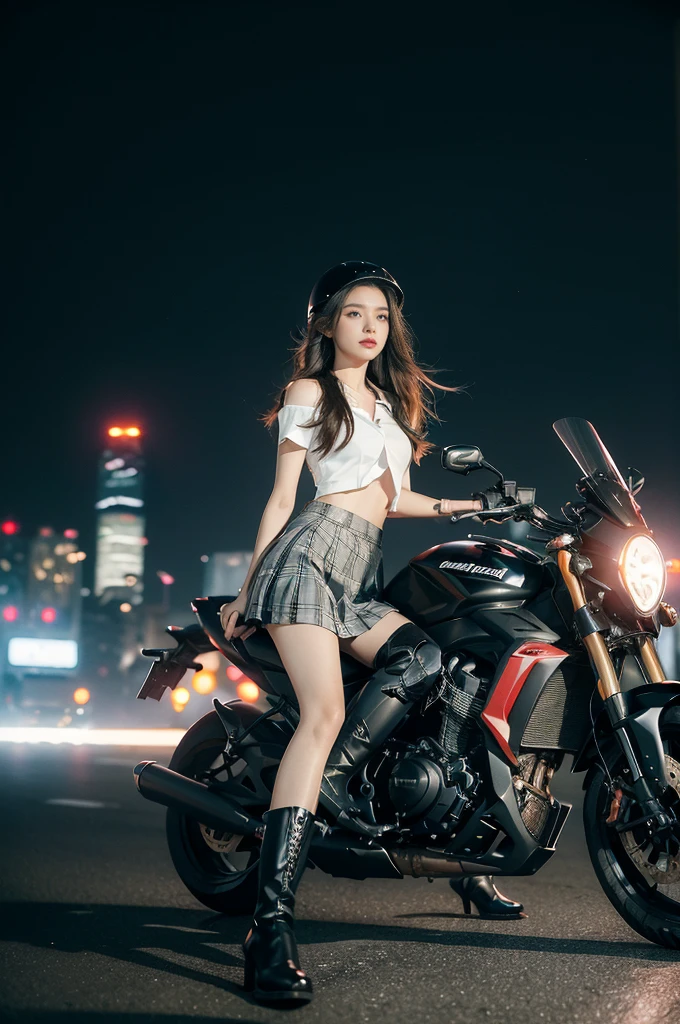 (((best quality))),(((ultra detailed))),(((masterpiece))),illustration,(1 beautiful girl,solo),((slim,thin)),((small breasts,flat chest)),(safety helmet:1.3),(shoulder length straight hair:1.2),slender legs,cyberpunk, urban street,high  student, JK outfit,(riding on a motorcycle:1.3), sleek, (white collared short-sleeved shirt:1.3), (red checkered pleated skirt:1.3),(pantyhose:1.3), stylish boots, confidence, determination, dark streets, wind, hair blowing, neon lights, skyscrapers, urban noises, traffic, sirens, city sounds, futuristic, dystopian society, technology, fashion, explosive cocktail, style, , modernity, attitude, spirit, anything is possible,from front