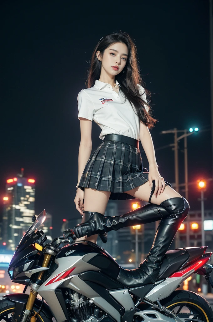 (((best quality))),(((ultra detailed))),(((masterpiece))),illustration,((1 beautiful girl,solo)),((slim,thin,small breasts,flat chest)),shoulder length straight hair,almond-shaped eyes, intense gaze, fair skin, subtle blush, full pink lips, confident smile,(white collared short sleeved shirt:1.3),Windsor knot on neck,((red plaid pleated skirt,slender legs,pantyhose)),deep blue hue, silver accents, form-fitting, low neckline, smooth skin,booties, urban scene, cyberpunk city, neon lights, tall buildings, LED signs, misty glow, dreamy ambiance, night sky, twinkling stars, electric atmosphere,(riding on a motorcycle:1.3), (safety helmet:1.3), vibrant atmosphere