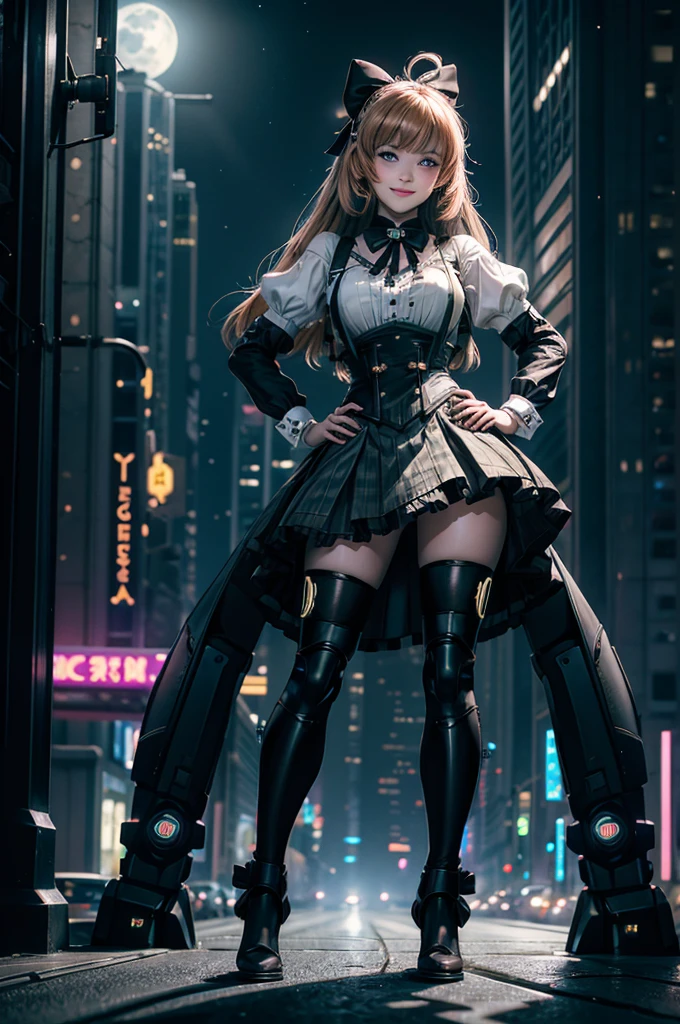 1girl, solo, smile, underbust, Penny Polendina, long hair, neck ribbon, suspender skirt, corset, black bow, white blouse, mechanical legs, neon trim, standing in cyberpunk city, night, stars moon, mega skyscrapers, vehicles, neon signs, Crowd, (crowd wearing cyberpunk fashion)