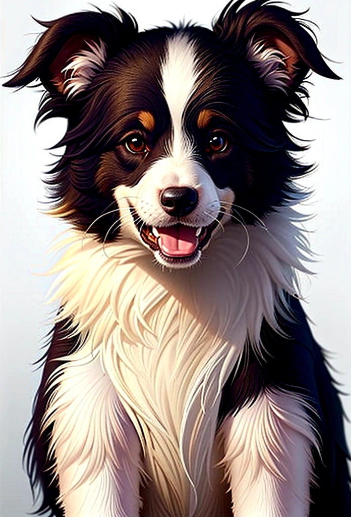 A Border Collie sitting, looking at the camera, with a smiling look, the white background without any details, cartoon style