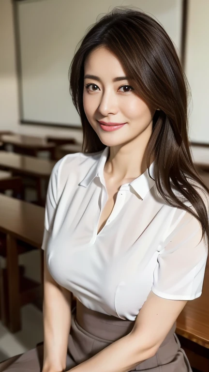 (Highest quality,8K,masterpiece), Realistic facial wrinkles、
日本人Mature Woman、Veteran female teacher、50 years old、Mature Woman,Pure white skin, Chest top view、
Ample breasts、 White collared blouse、Grey tight skirt、Brown long hair、
,A kind smile、A captivating gaze、classroom、