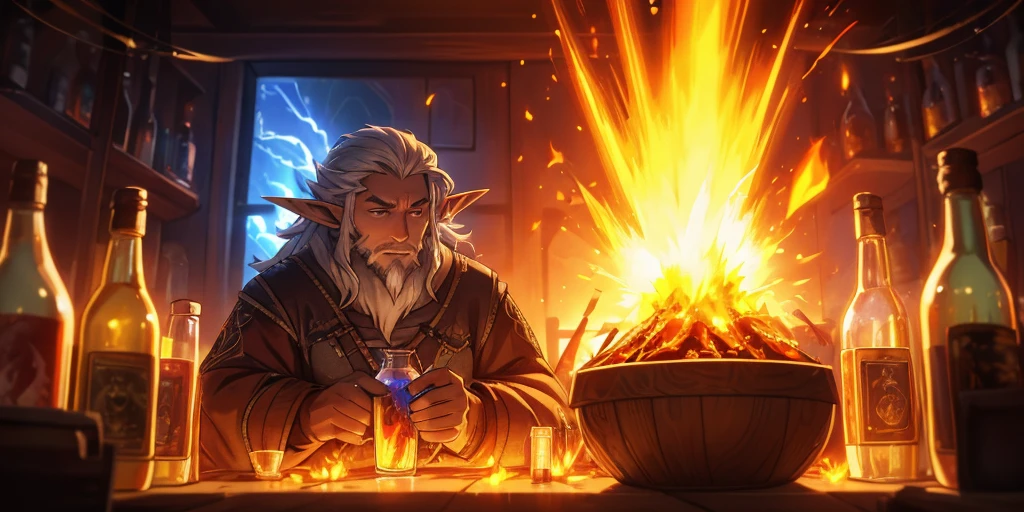 Cinematic scene of an elf scientist wizard, silver hair and beard, holding a glass bottle with glowing magical runes, inside the glass bottle there is purple fire in liquid form. Vintage pulp illustration, in a medieval laboratory, looking shocked, machine malfunction in the background, fire and flames, explosion and steam, lightning with warm colors illuminating the scene, fine details, depth of field, explosion outside the frame.
