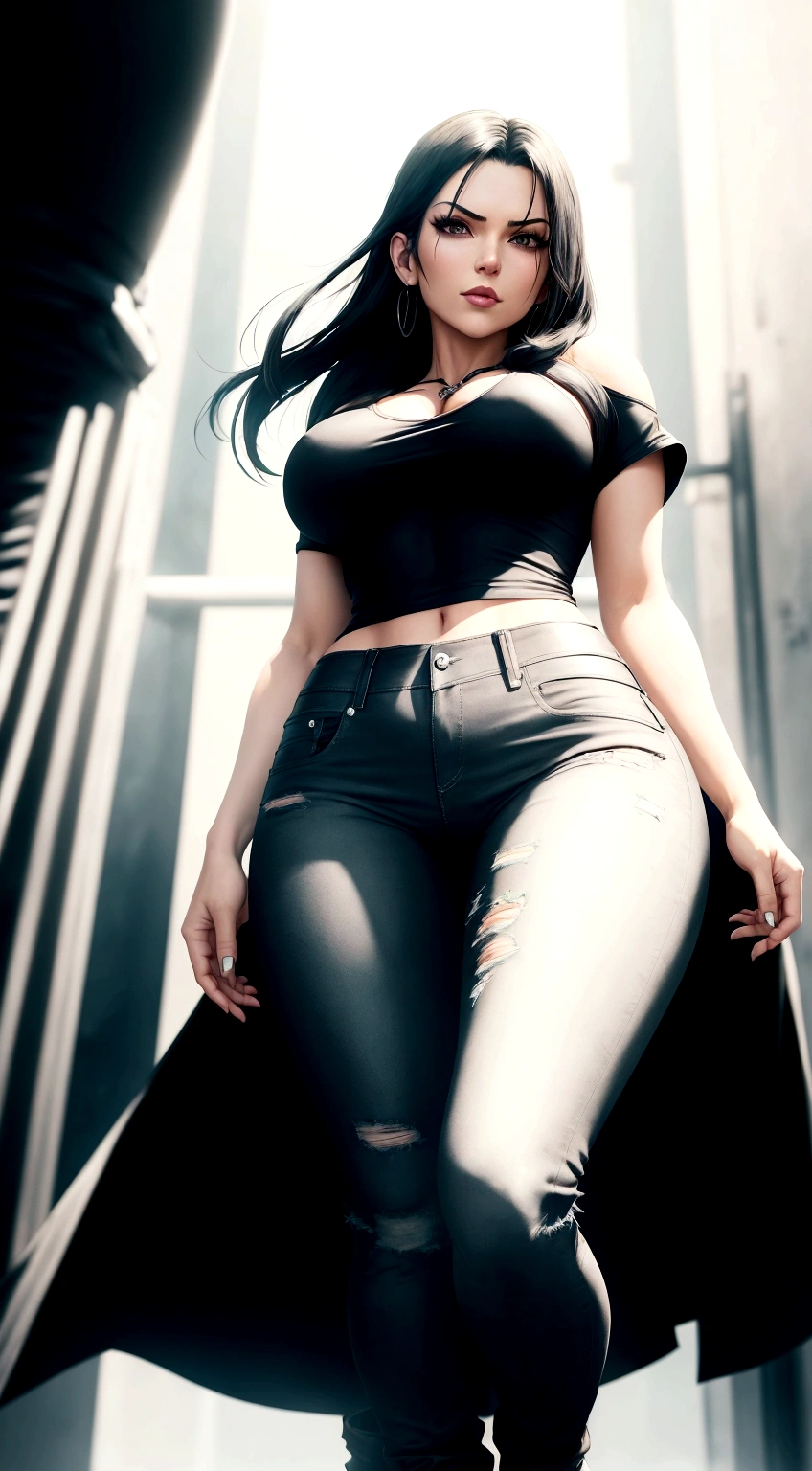 There is a woman in a black top and jeans, posing for a photo, tifa lockhart, Full body closeup, schwarze extrem enge jeans, Style ivan talavera and artgerm, nico robin, long curvy black hair, glamouröse Tifa Lockheart, enge jeans, narrow waist and wide hips, Casual pose