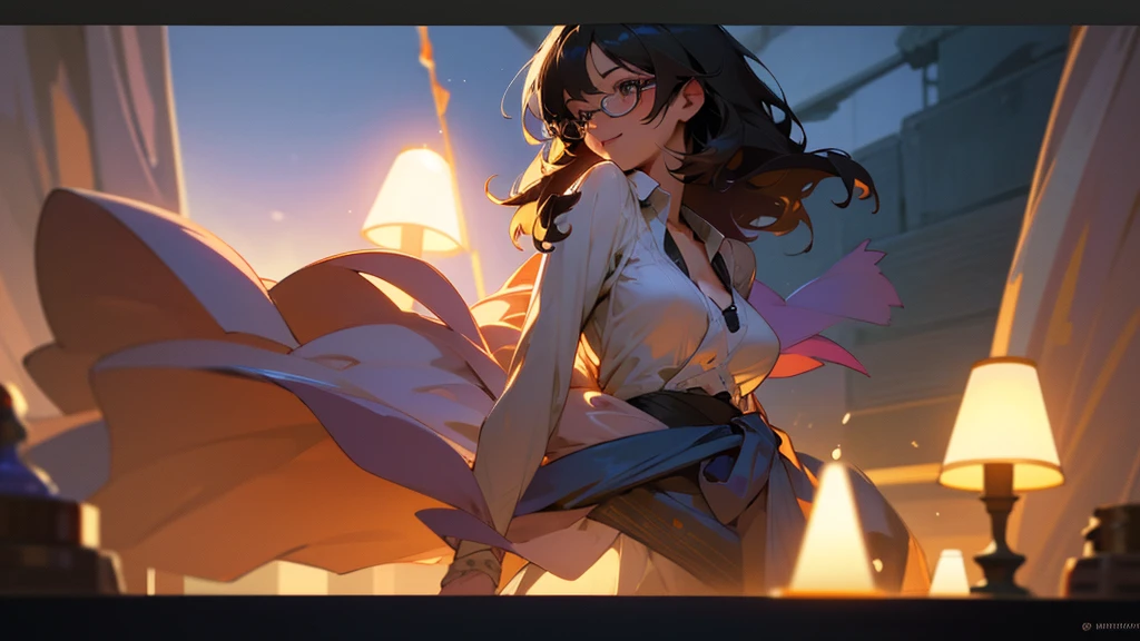 1 girl, full body, stand, glasses, big breasts, unbuttoned dark yukata, loose hair, smiling at you, blush, night light, detailed anime face, beautiful eyes, detailed hand, long eyelashes, detailed lips, detailed skin, intricate details, elegant, beautiful lighting, warm colors, cinematic, soft focus, masterpiece, 8k, ultra-detailed, (best quality, 4k, 8k, highres, masterpiece:1.2), ultra-detailed