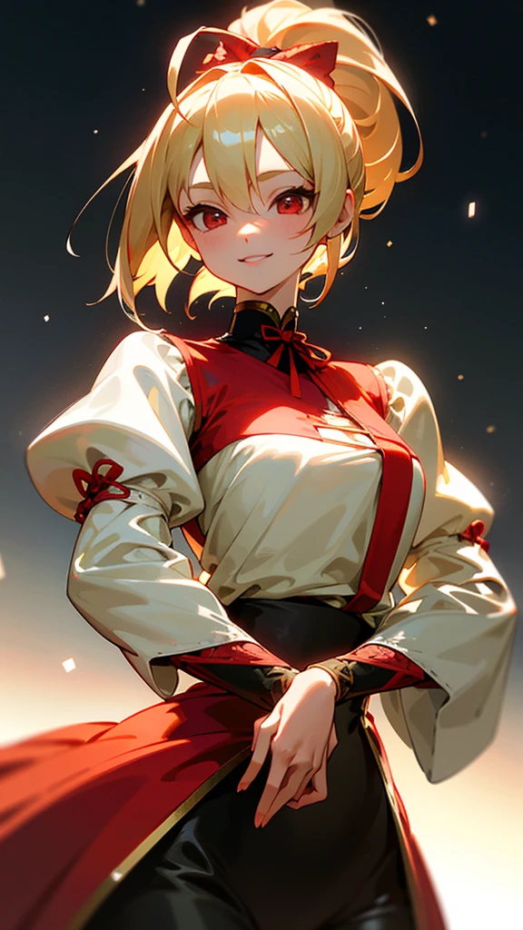 1 Girl、、Sharp focus、(Bokeh) (Highest quality) (Detailed skin:1.3) (Intricate details) (anime)、Blonde ponytail、Red ribbon、Ahoge、Big round red eyes、(Please put your hands on your hips)、Slim figure、Upper body close-up、Side body、smile、smile、Park in the background、Soft lighting
