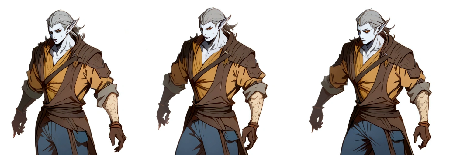 ((concept)), ((concept art)) (best qualityer)), ((work of art)), ((RPG)), 1 adult male, ((3 different poses and 3 different expressions)) hybrid, ((half elf and half draconic)), ((white skin and semi-scaly skin)), medium silver hair, ((golden amber eyes and draconic eyes)), scales on necks, adventurer outfit, leather cover,longCap, striped shirt, blue and copper shirt, blue pants
