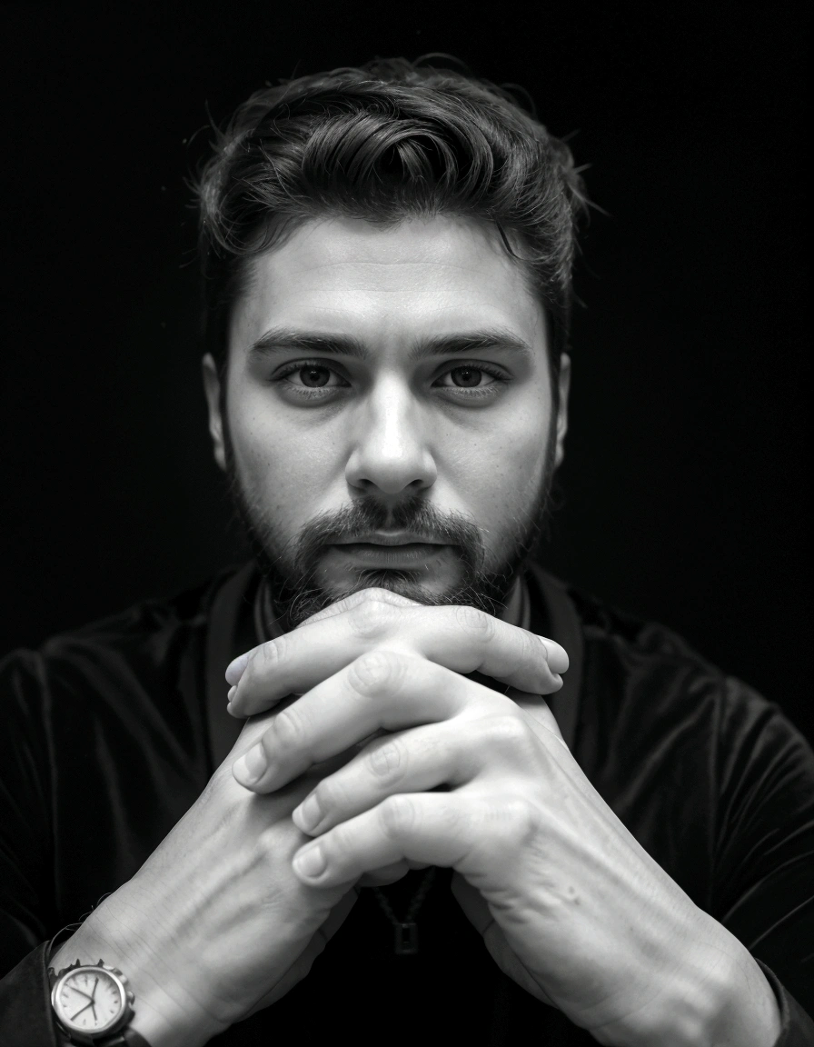 Man with beard and watch sitting at the table, frank moth, fechar Portrait photo, portrait black and white, retrato em close - up, Portrait photo, innblásinn af Ásgrími Jónssyni, Rankin, by Andrei Kolkoutine, stocky, filmed with a sony alpha 1 camera, Man sad, close up of face portrait