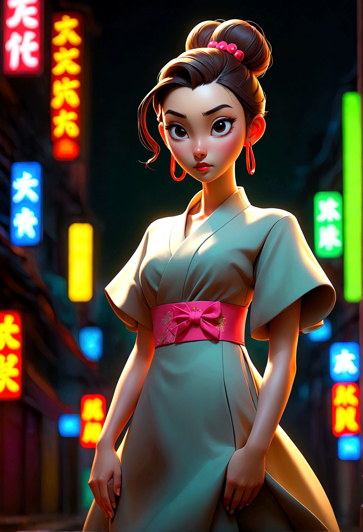 best quality, 1girl, bun hair, chinese actress, elegant dress, standing, full body shot, street at night, neon lights
