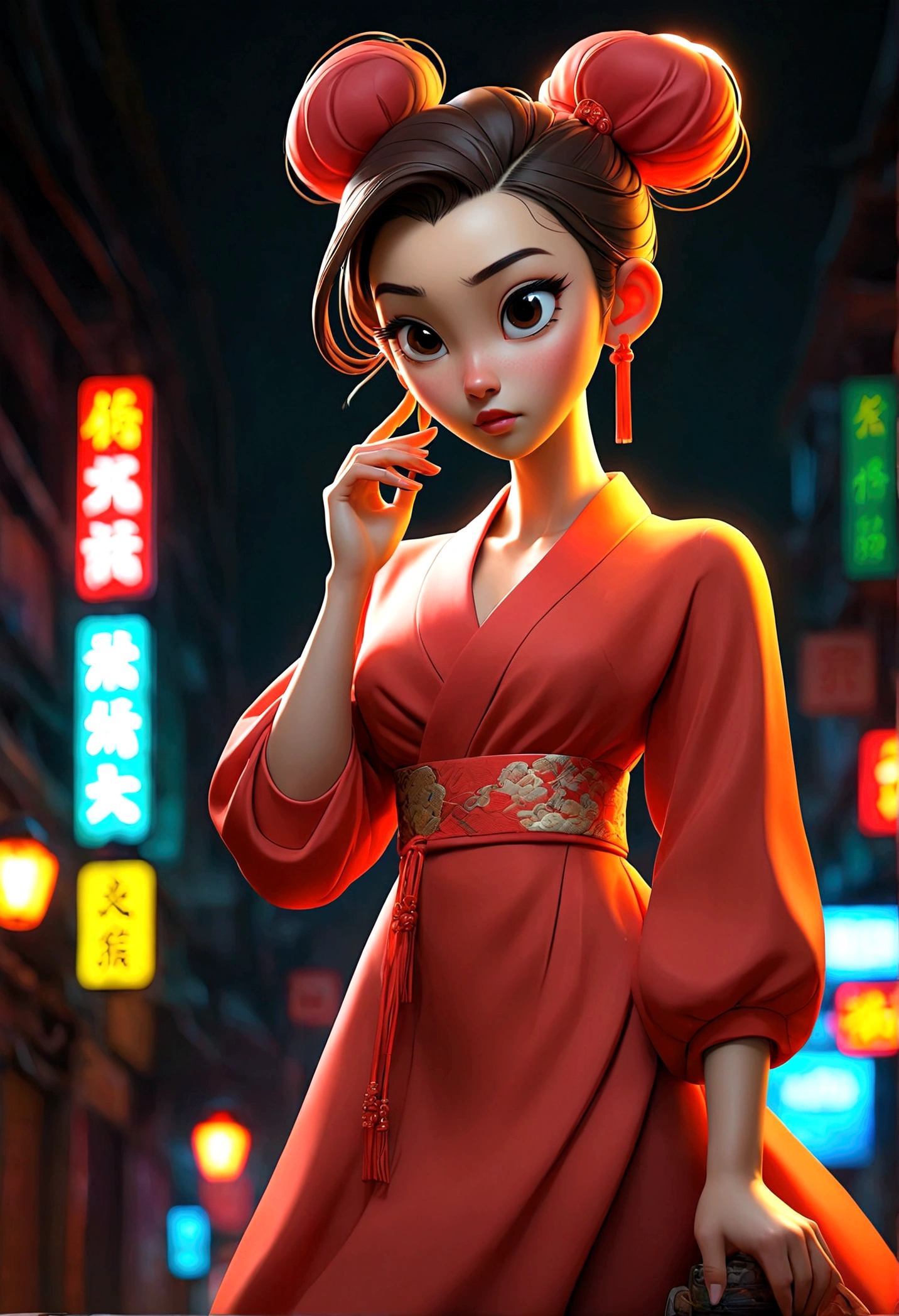 best quality, 1girl, bun hair, chinese actress, elegant dress, standing, full body shot, street at night, neon lights