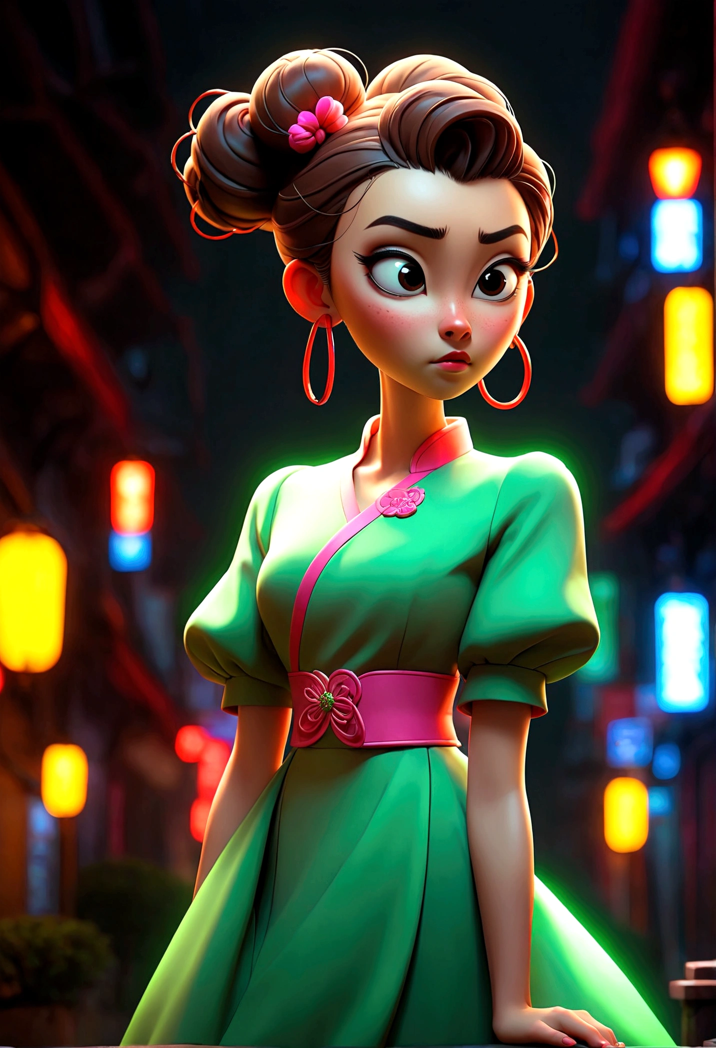 best quality, 1girl, bun hair, chinese actress, elegant dress, standing, full body shot, street at night, neon lights