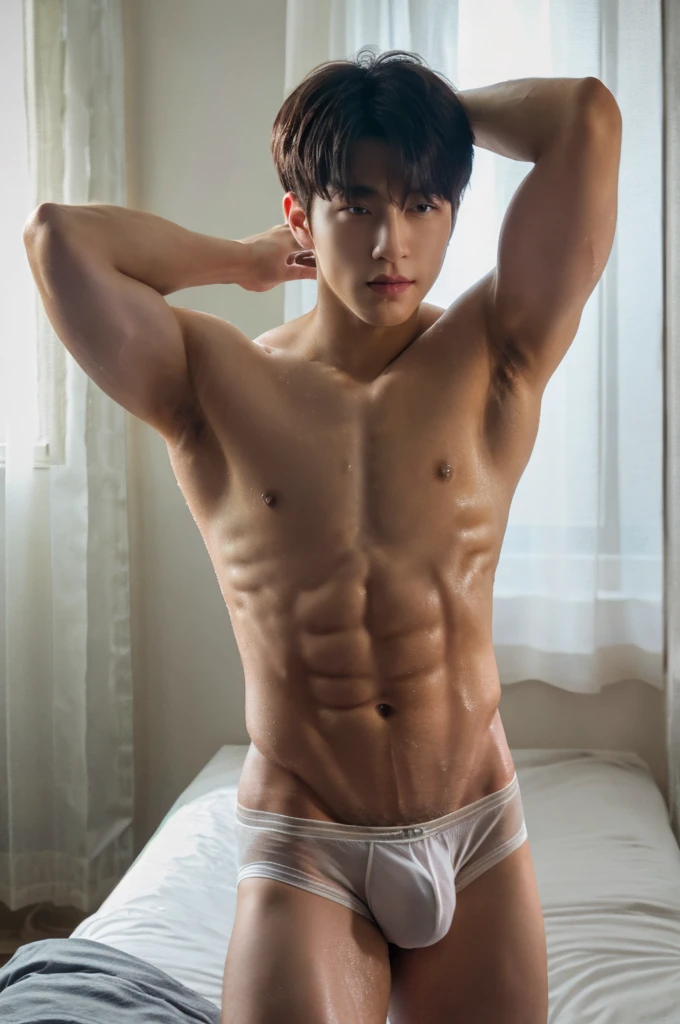 1 person, 18 year old muscular man, korean, topless, wearing white jockstrap or thong big bulge, sexy, soft light, Masterpiece, best quality, photo realistic, bedroom. showing abs, rainy day, very wet body, very hairy armpits, bussy street