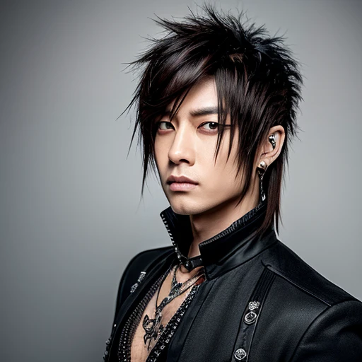 1 japanese male rocker, asien eyes, Visual Kai hairstyle, ultra detailed face and body, hyperrealistic, realistic representation, muscular, broad shoulders, tattoos gothic style, piercings, Visual Kei style, hairstyle Visual Kei, blond, 40 years old, age 40 outfit gothic streampunk, men's shirt and black pants, Asian eyes, eyes Asian, long hair, long hair
