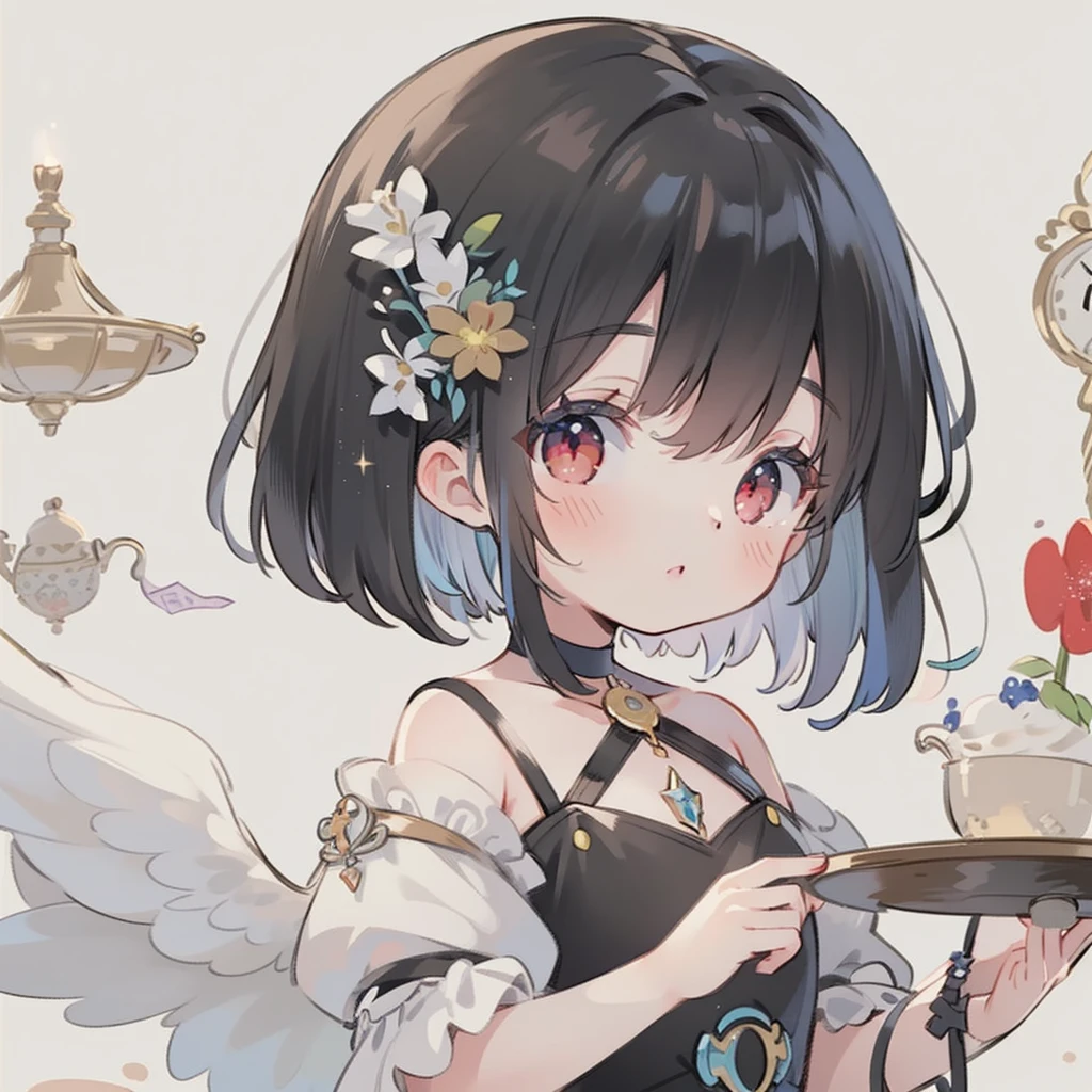 masterpiece, Highest quality, 8K resolution, Sharp focus, Intricate details, beautiful girl, Sparkling eyes, Golden ratio face, Liquid from another world, watercolor, pastel colour, Bright colors, Whimsical, colorful, Sharp focus, High resolution, The finer details, ((Black Hair,Bob Hair,Red eyes)), ((Round eyes)), Rainbow bubbles, Fantasy Background