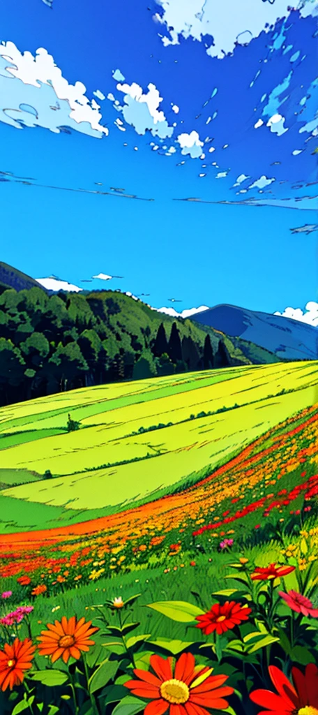 HD high definition, high definition, thick meadows, colorful flowers, blue sky, fluffy white clouds and green wood, shimmering in the colors of grass and flowers in the sun, and a house.