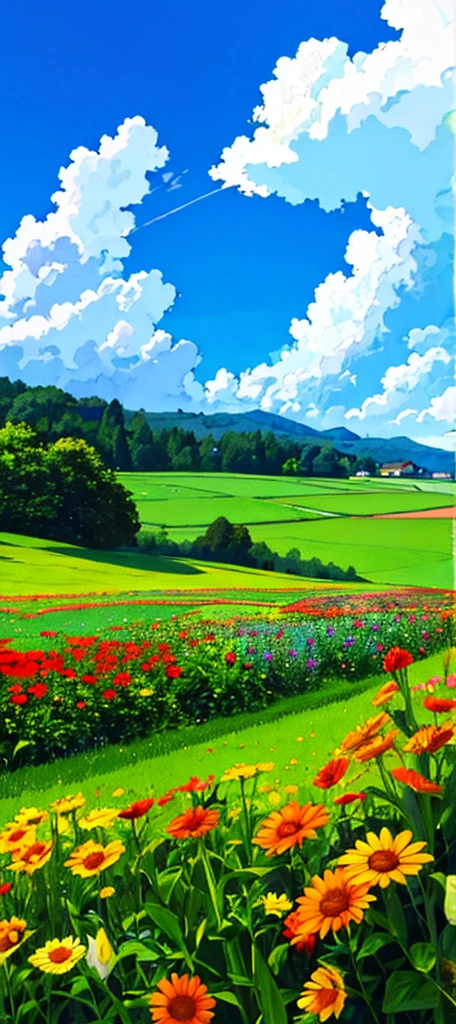 HD high definition, high definition, thick meadows, colorful flowers, blue sky, fluffy white clouds and green wood, shimmering in the colors of grass and flowers in the sun, and a house.  