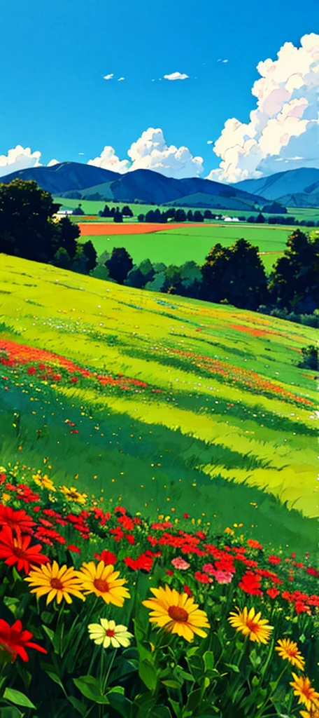 HD high definition, high definition, thick meadows, colorful flowers, blue sky, fluffy white clouds and green wood, shimmering in the colors of grass and flowers in the sun, and a house.