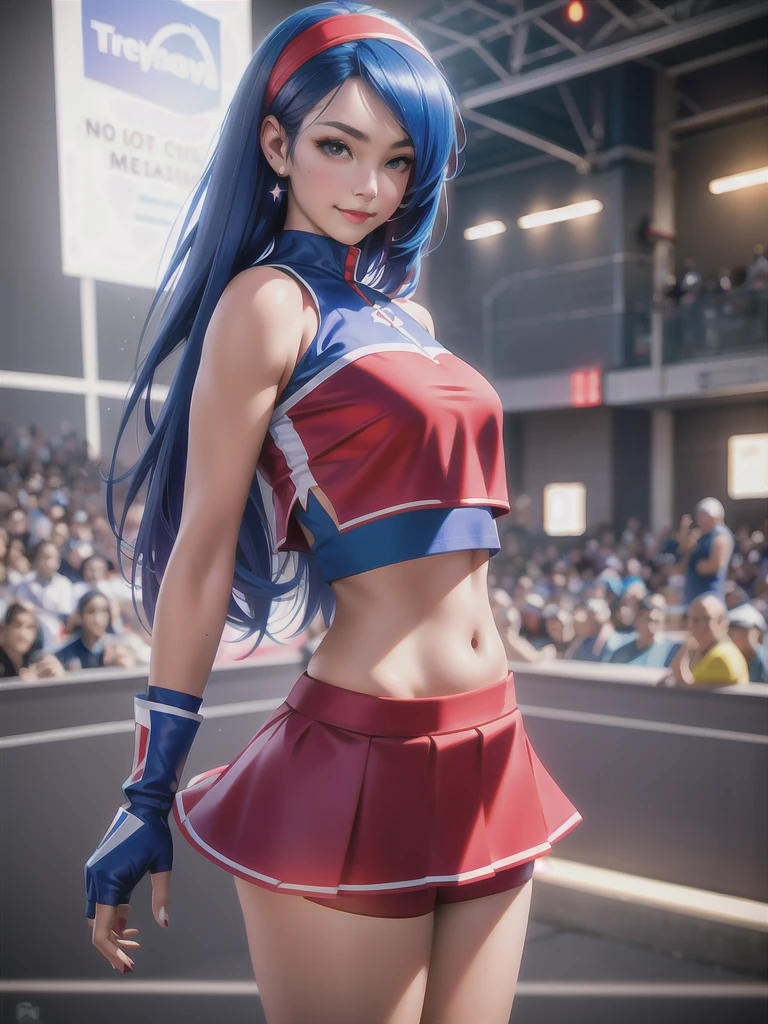 20-year-old woman, alone, alone, athletic, sexy body, wears a red cheerleader skirt and a blue shorts under the skirt, wears a red and blue top, wears blue exercise gloves that cover almost her entire forearm, headband on his head with a star, long blue hair loose, wearing blue sports sneakers, looking at the viewer very happy, cinematic, ultra-sharp focus, award-winning photography, perfect contrast, high sharpness, depth of field. ultra detailed photography, global illumination, fluid, ultra high definition, 8k, Unreal Engine 5, ultra sharp focus, award winning photography, art season trends,
