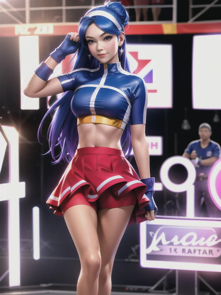 20-year-old woman, alone, alone, athletic, sexy body, wears a red cheerleader skirt and a blue shorts under the skirt, wears a red and blue top, wears blue exercise gloves that cover almost her entire forearm, headband on his head with a star, long blue hair loose, wearing blue sports sneakers, looking at the viewer very happy, cinematic, ultra-sharp focus, award-winning photography, perfect contrast, high sharpness, depth of field. ultra detailed photography, global illumination, fluid, ultra high definition, 8k, Unreal Engine 5, ultra sharp focus, award winning photography, art season trends,
