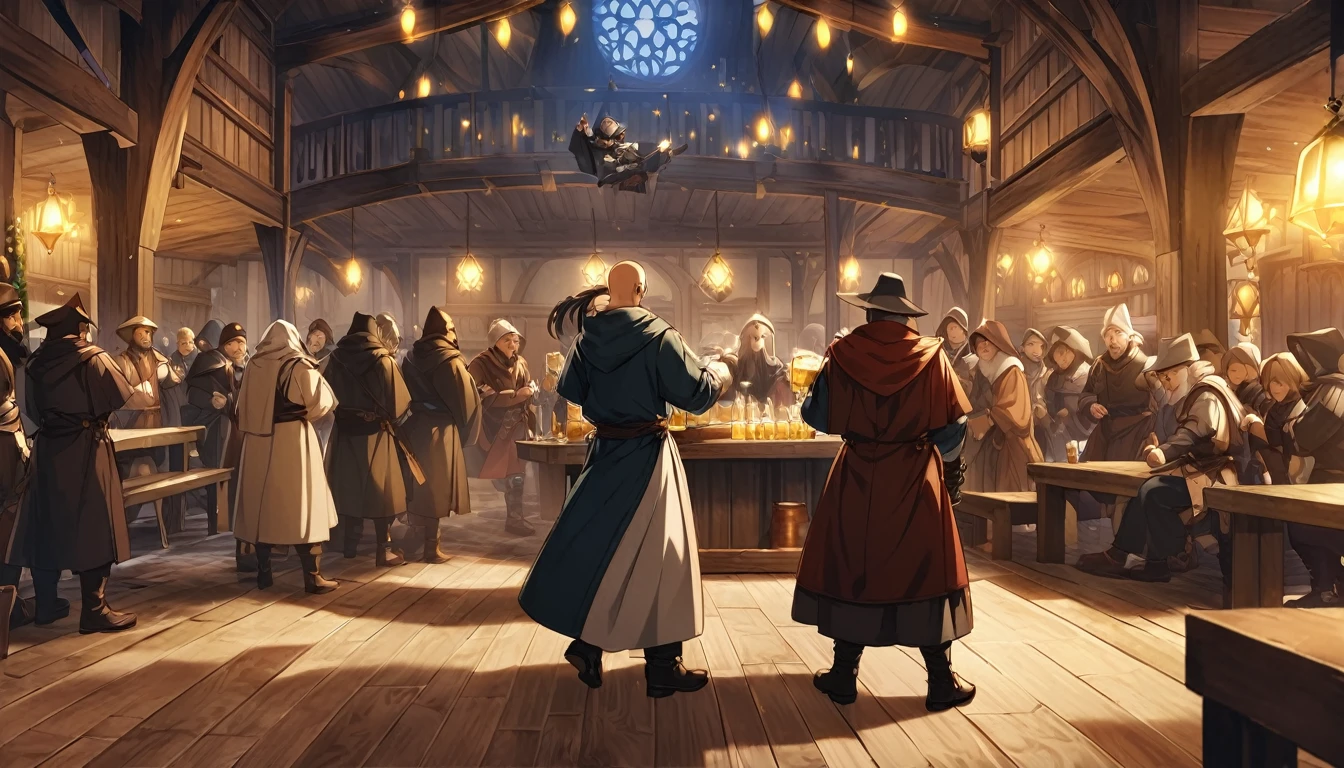 ((Final Fantasy Tactics based, anime Infinite Status art, 4k, epic quality)), The theme is festive.  It's night.  The setting is a large old medieval tavern, well detailed, wooden furniture, wooden walls with chandeliers completely illuminating the scene, some windows, wooden floors.  There are several people around the scene, men and women, from several different role-playing classes (knights, monks, assassins, thieves, archers, bards, clerics), partying and drinking a lot of beer, they are drunk.  The focus of the scene is a wizard, bald, handsome face and smiling like a drunk, black beard, slightly gray, white skin, brown eyes, strong and short in stature, he wears a pointy wizard's hat and legendary wizard's clothes, he is drinking beer in a mug using his left hand, he is celebrating with the others.  The atmosphere is happy and magical.  complete view of the scenario.